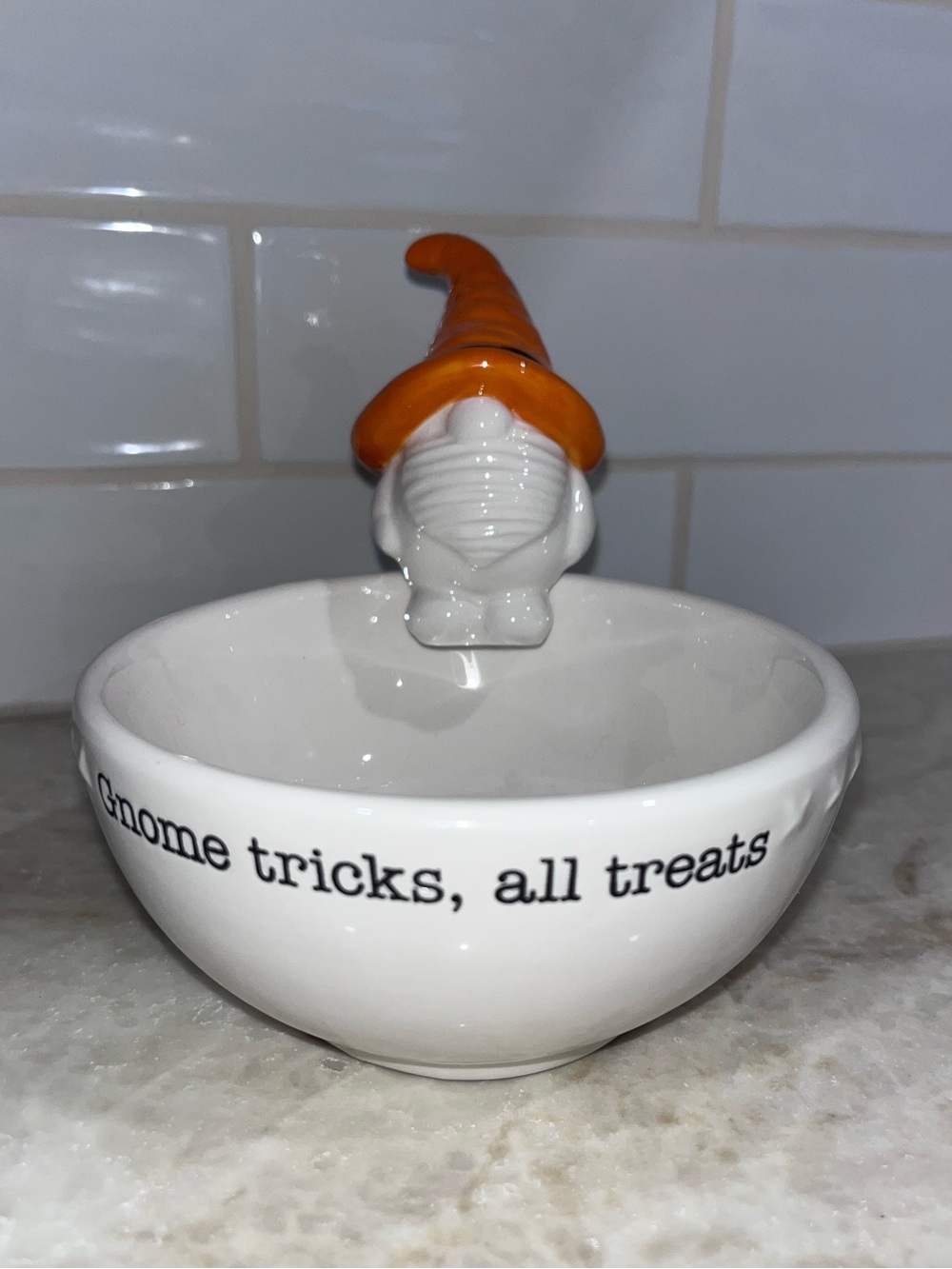 “Gnome tricks, all treats” White Ceramic Treat Bowl with Orange Hat
